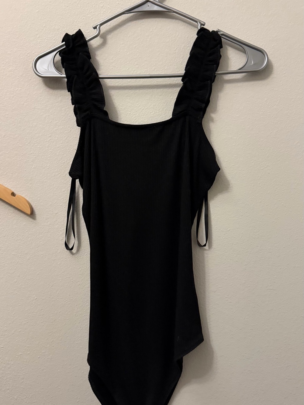 She + Sky Black Ruffled Strap Ribbed Bodysuit